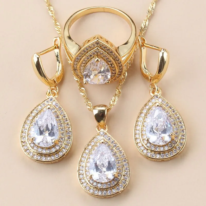 12-Color Bridal Water Drop Accessories Garnet Earrings And Necklace Wedding Ring Dubai Gold Color Jewelry Sets For Women