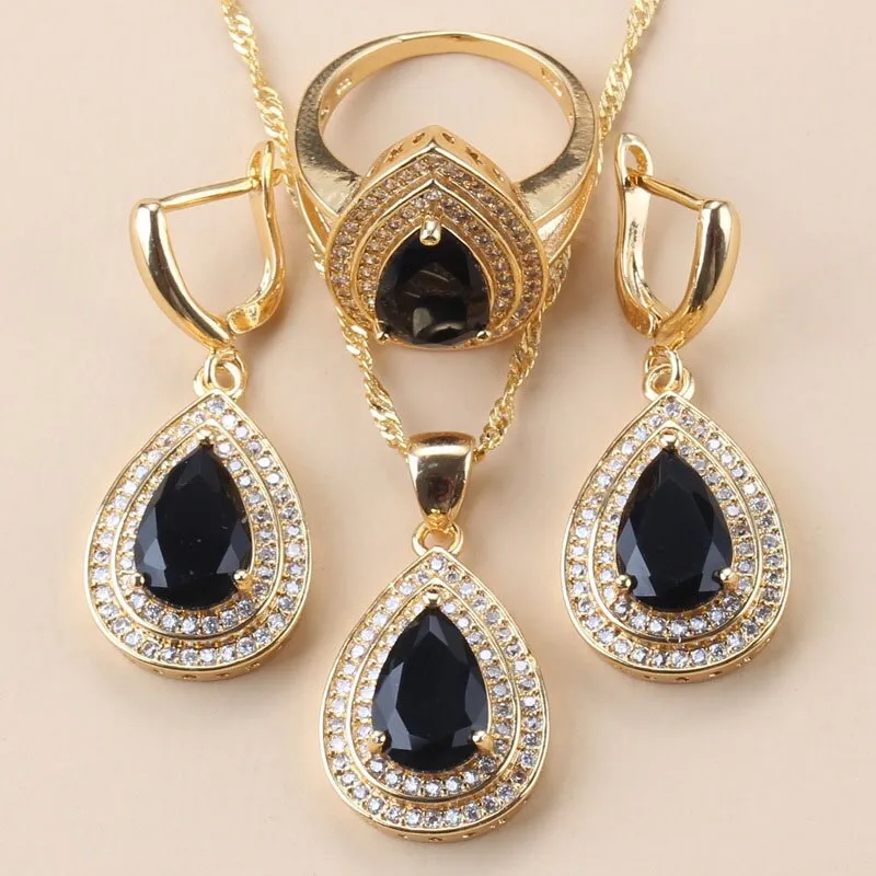 12-Color Bridal Water Drop Accessories Garnet Earrings And Necklace Wedding Ring Dubai Gold Color Jewelry Sets For Women