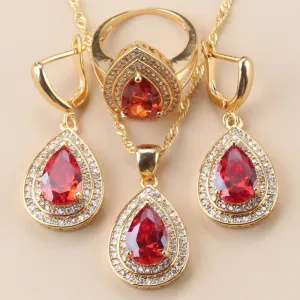 12-Color Bridal Water Drop Accessories Garnet Earrings And Necklace Wedding Ring Dubai Gold Color Jewelry Sets For Women