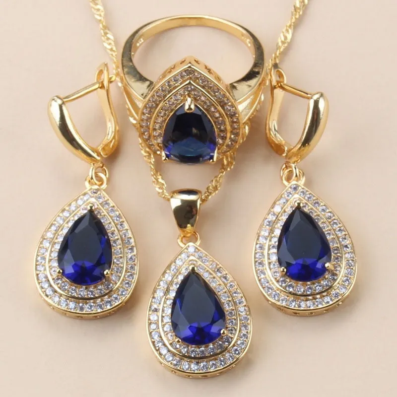 12-Color Bridal Water Drop Accessories Garnet Earrings And Necklace Wedding Ring Dubai Gold Color Jewelry Sets For Women