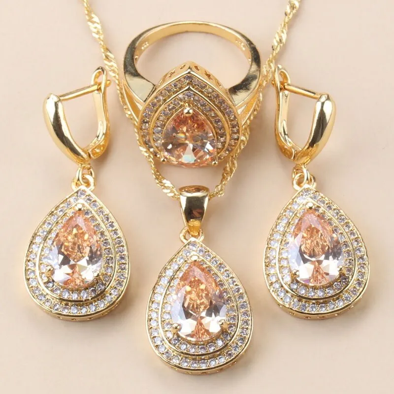 12-Color Bridal Water Drop Accessories Garnet Earrings And Necklace Wedding Ring Dubai Gold Color Jewelry Sets For Women