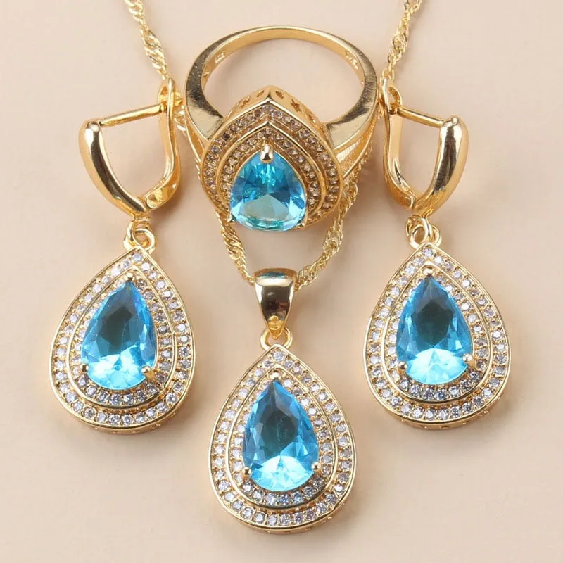 12-Color Bridal Water Drop Accessories Garnet Earrings And Necklace Wedding Ring Dubai Gold Color Jewelry Sets For Women