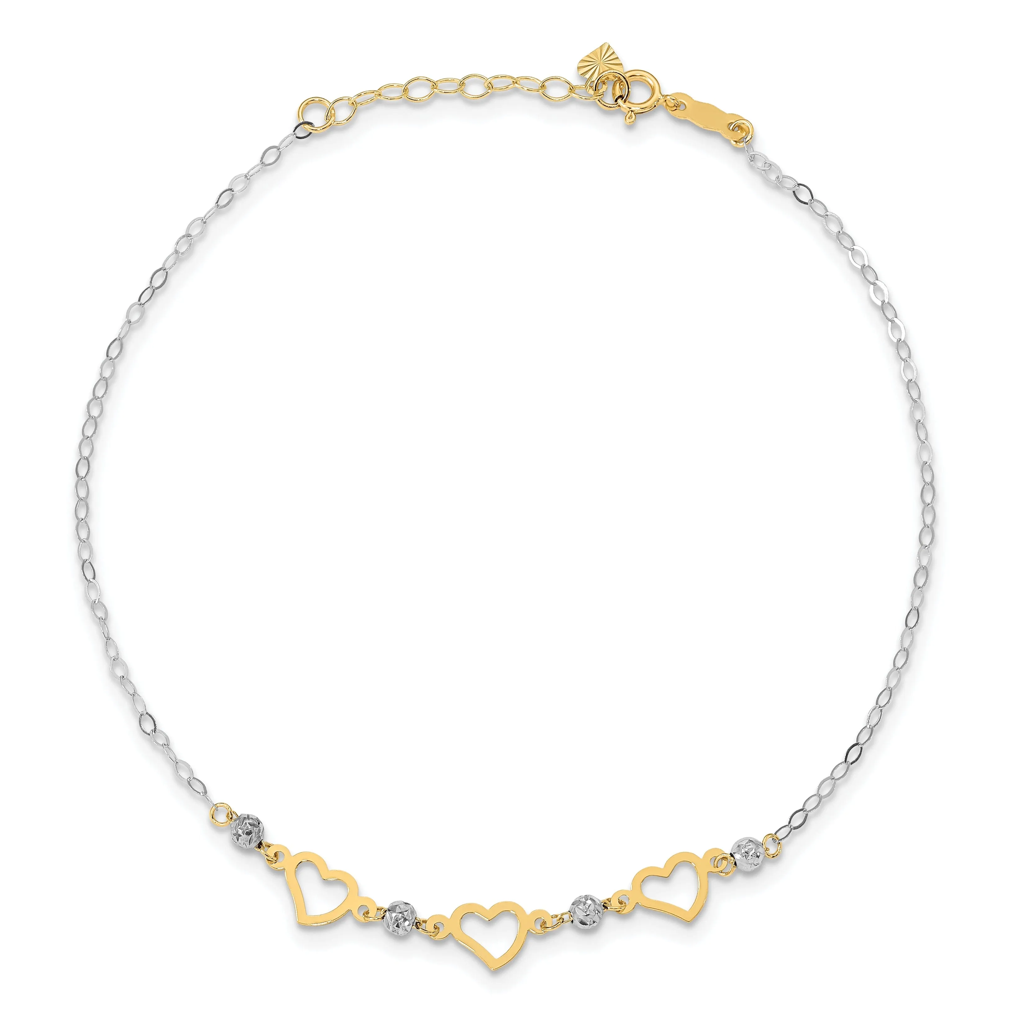 14K Two-tone Gold Oval Link Beads Heart Anklet