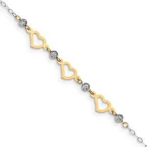 14K Two-tone Gold Oval Link Beads Heart Anklet