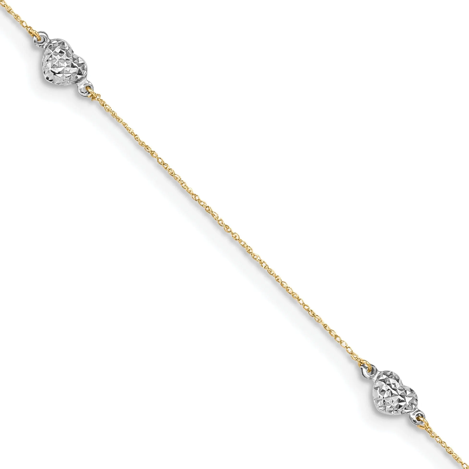 14k Two-tone Gold Puff Heart 9 Anklet