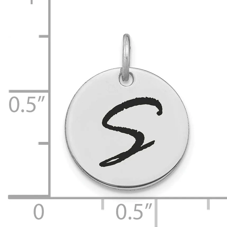 14k White Gold Polished Rhodium Black Epoxy Finish Letter S Initial Disk Shape Charm Pendant