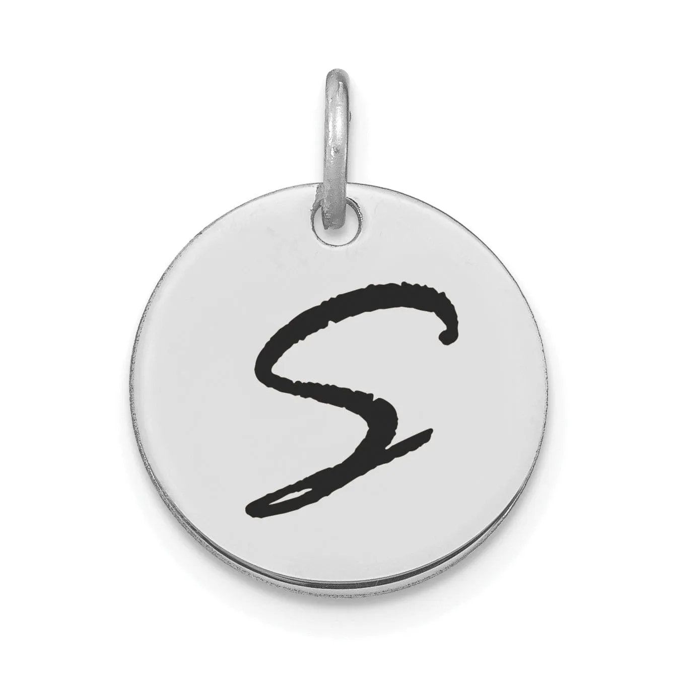 14k White Gold Polished Rhodium Black Epoxy Finish Letter S Initial Disk Shape Charm Pendant