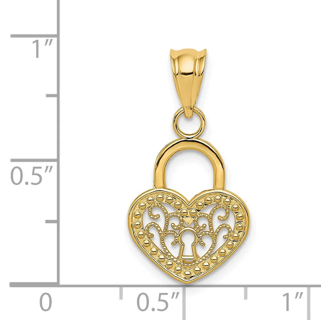 14K Yellow Gold Concave Filigree Heart Lock Design Charm Pendant