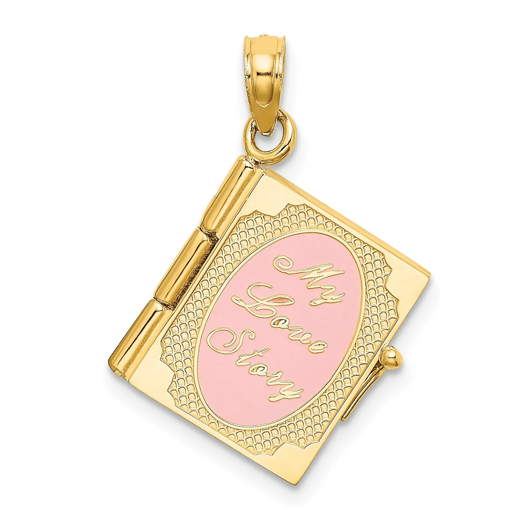 14k Yellow Gold Enameled 3D Moveable MY LOVE STORY Book Pendant