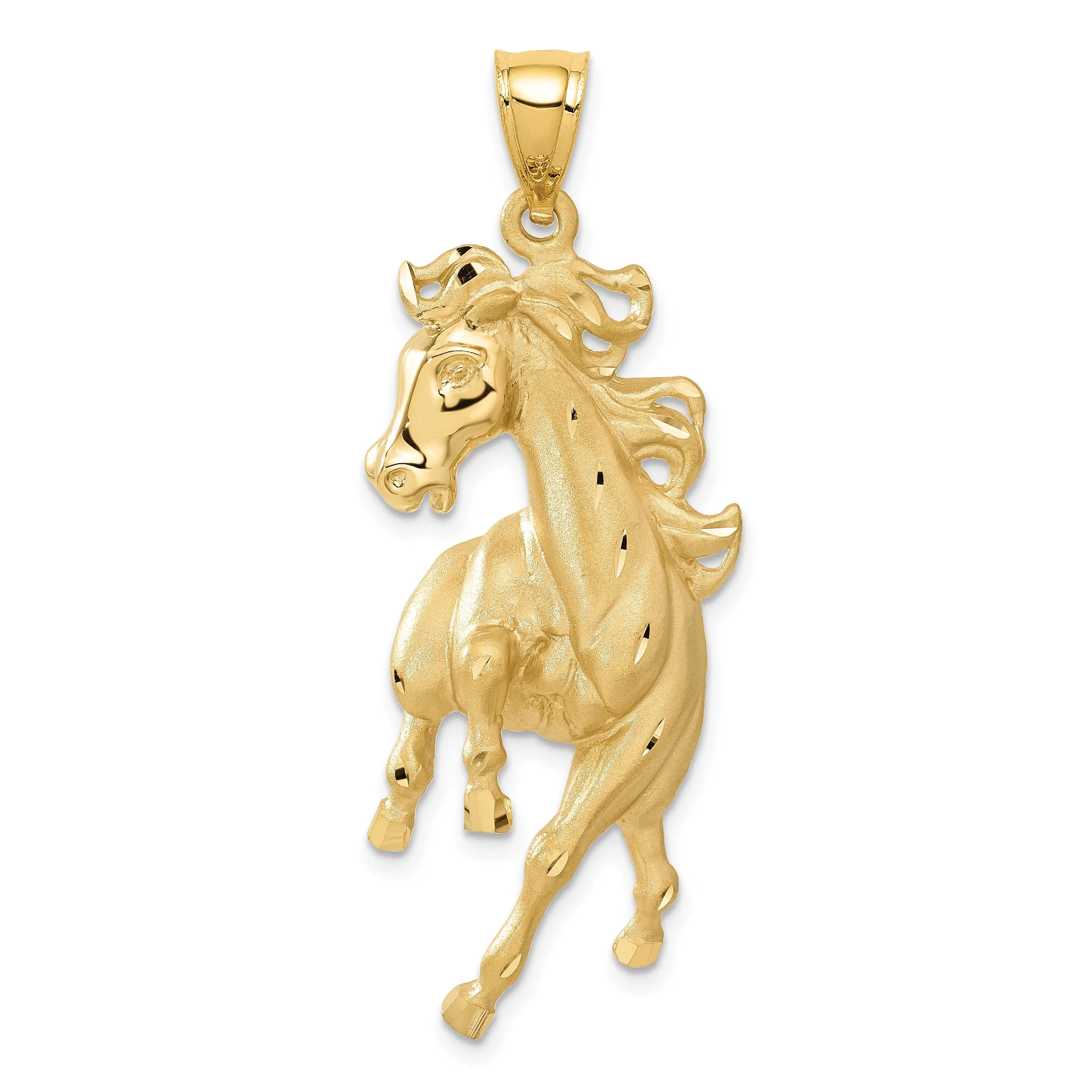 14k Yellow Gold Solid Diamond Cut Brushed Finish Mens Horse Charm Pendant