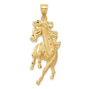 14k Yellow Gold Solid Diamond Cut Brushed Finish Mens Horse Charm Pendant