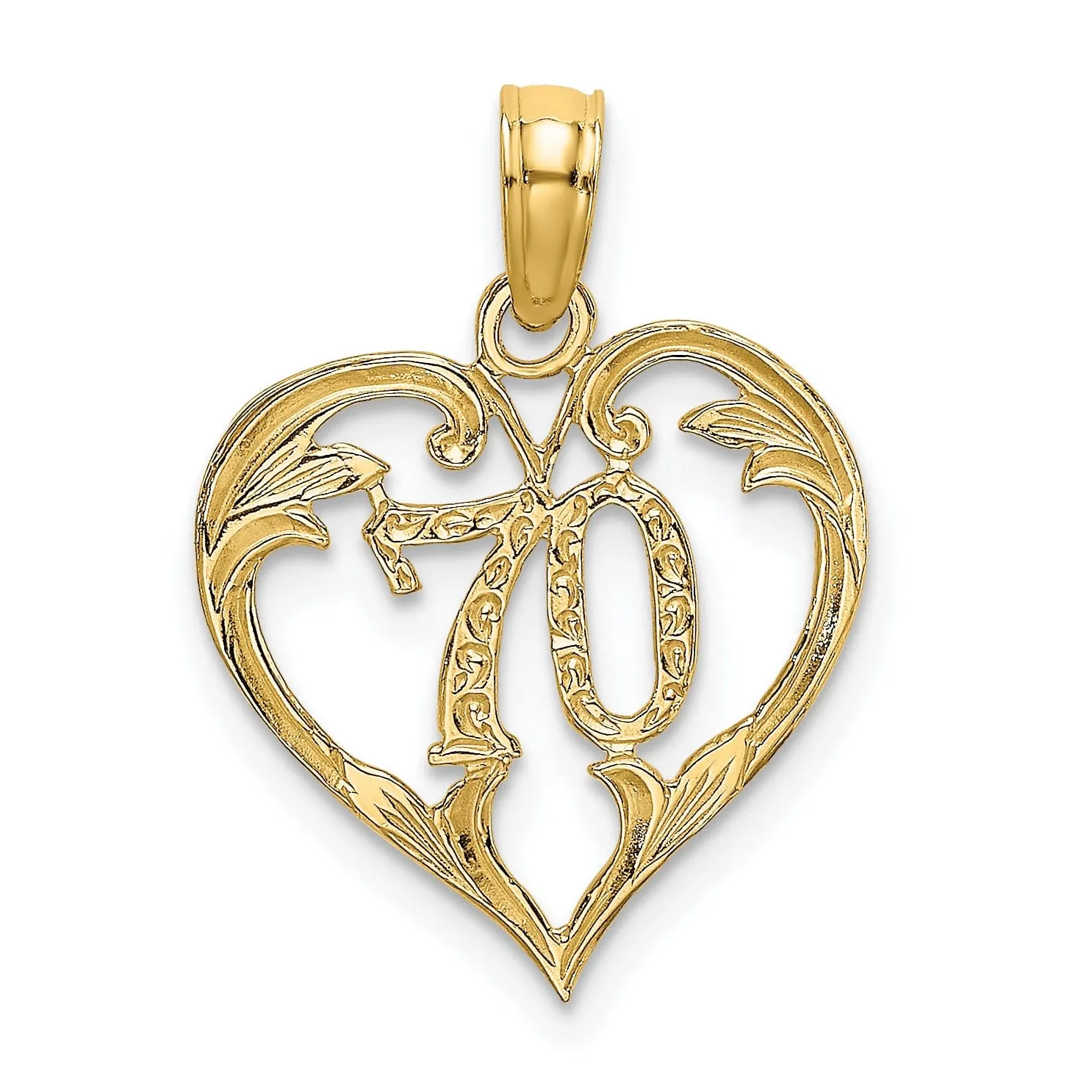 14K Yellow Gold Solid Polished Textured Finish Age 70 In Heart Shape Design Charm Pendant