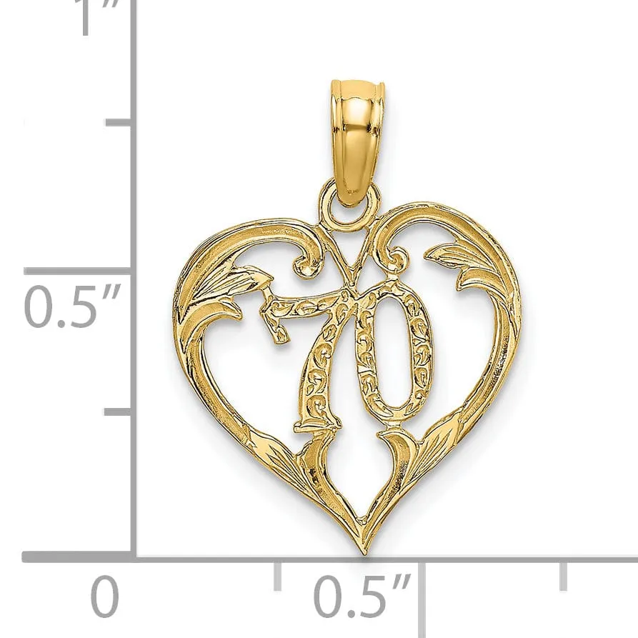 14K Yellow Gold Solid Polished Textured Finish Age 70 In Heart Shape Design Charm Pendant