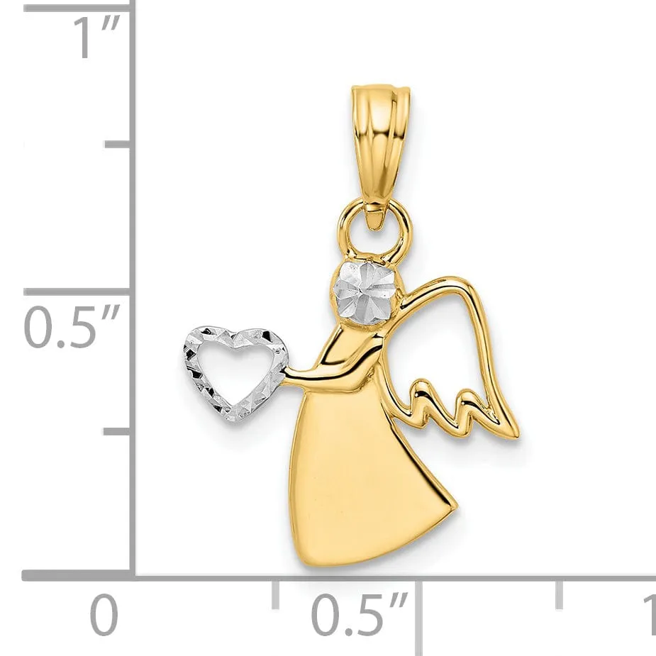 14k Yellow Gold White Rhodium D.C Finish Angel Holding Heart Pendant