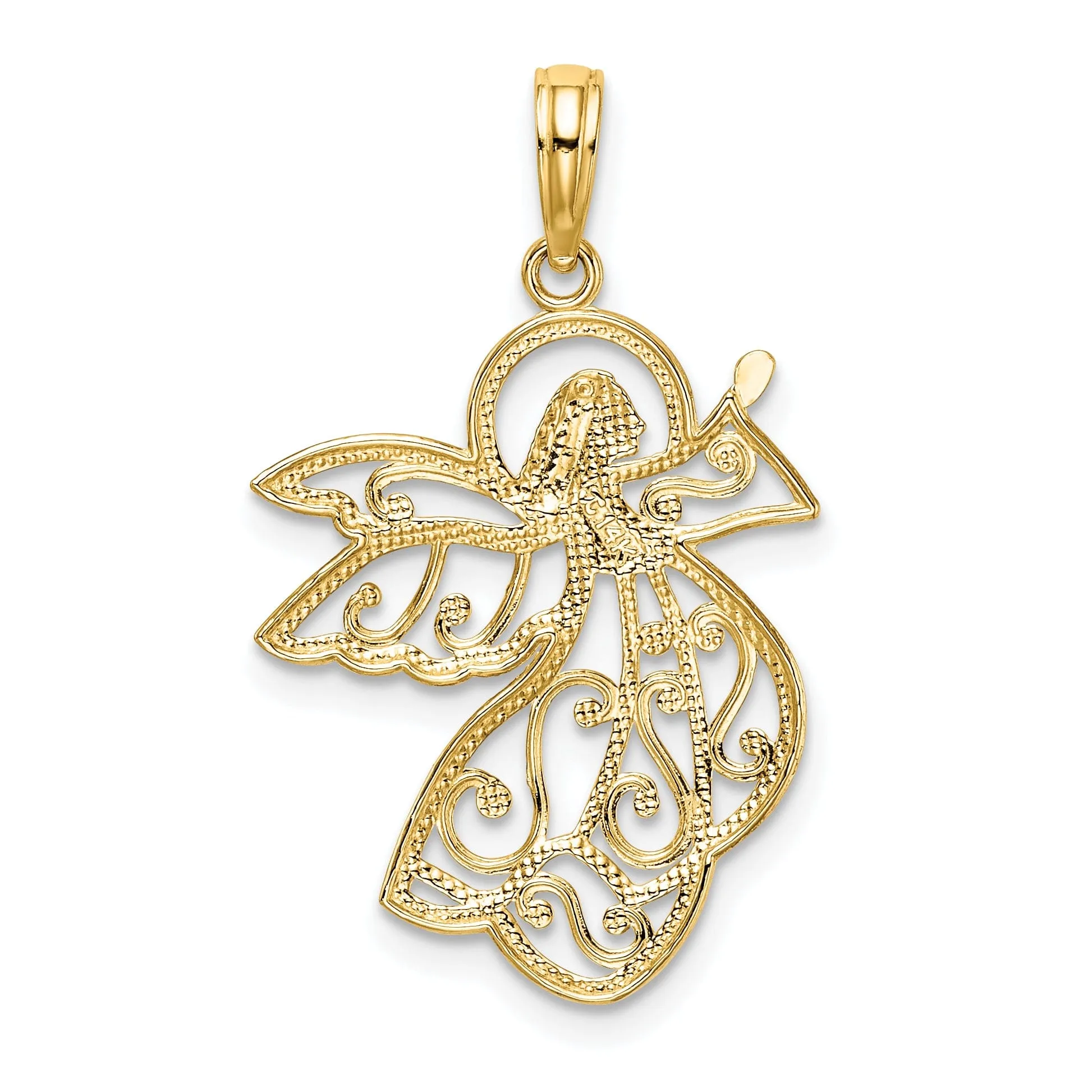 14K Yellow Gold White Rhodium Polished Concave Flying Angel Pendant