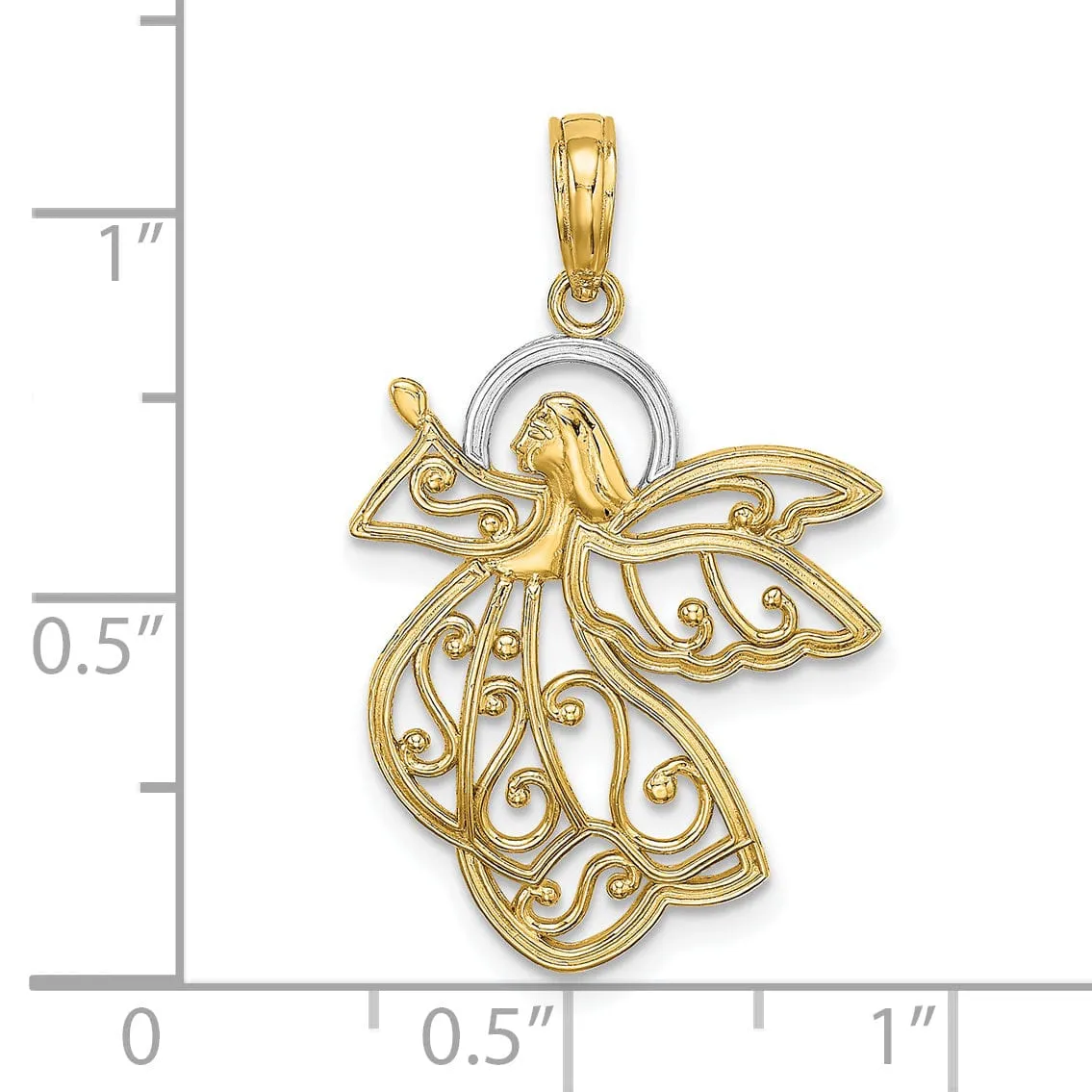 14K Yellow Gold White Rhodium Polished Concave Flying Angel Pendant