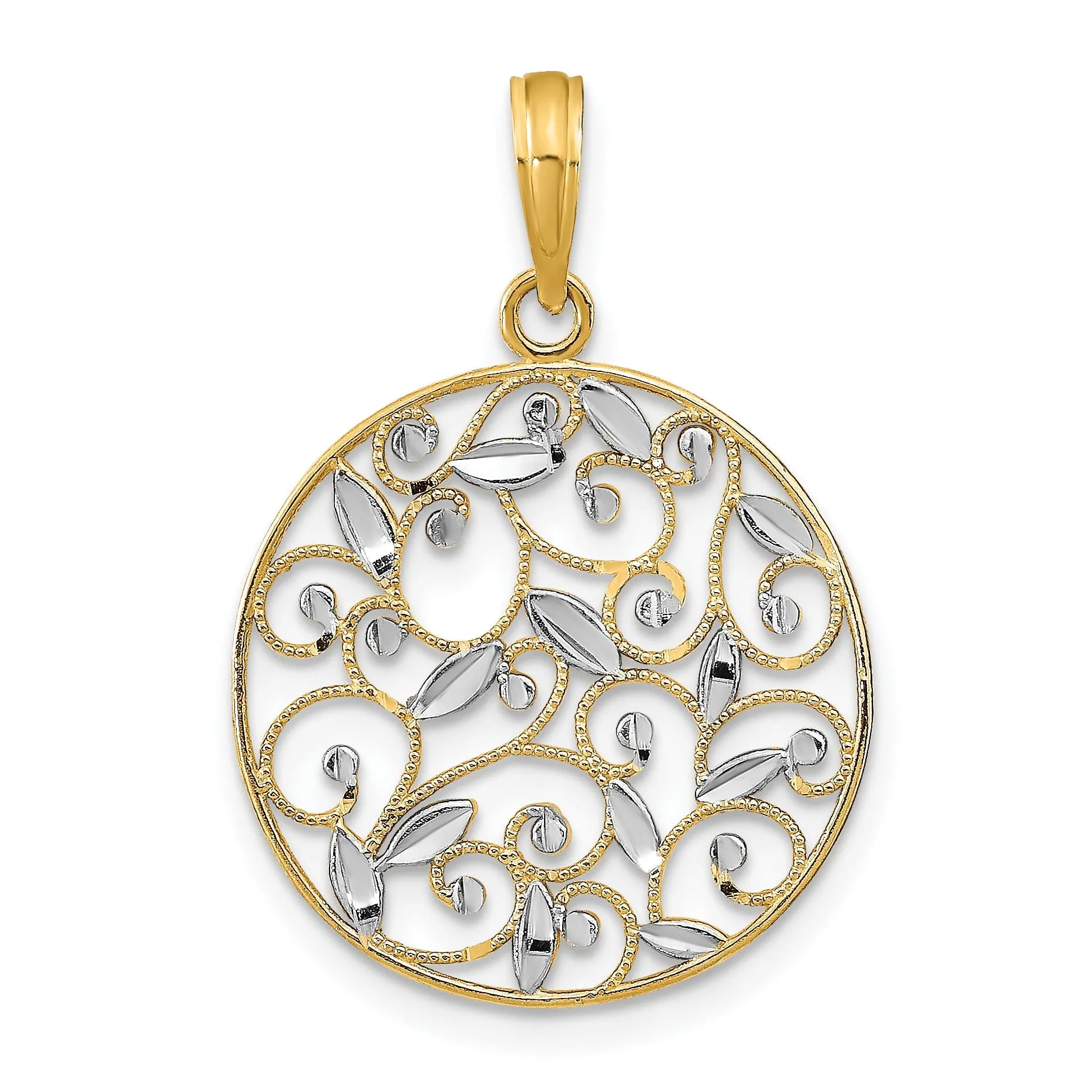 14K Yellow Gold, White Rhodium Polished Diamond Cut Finish Round Filigree Design Pendant