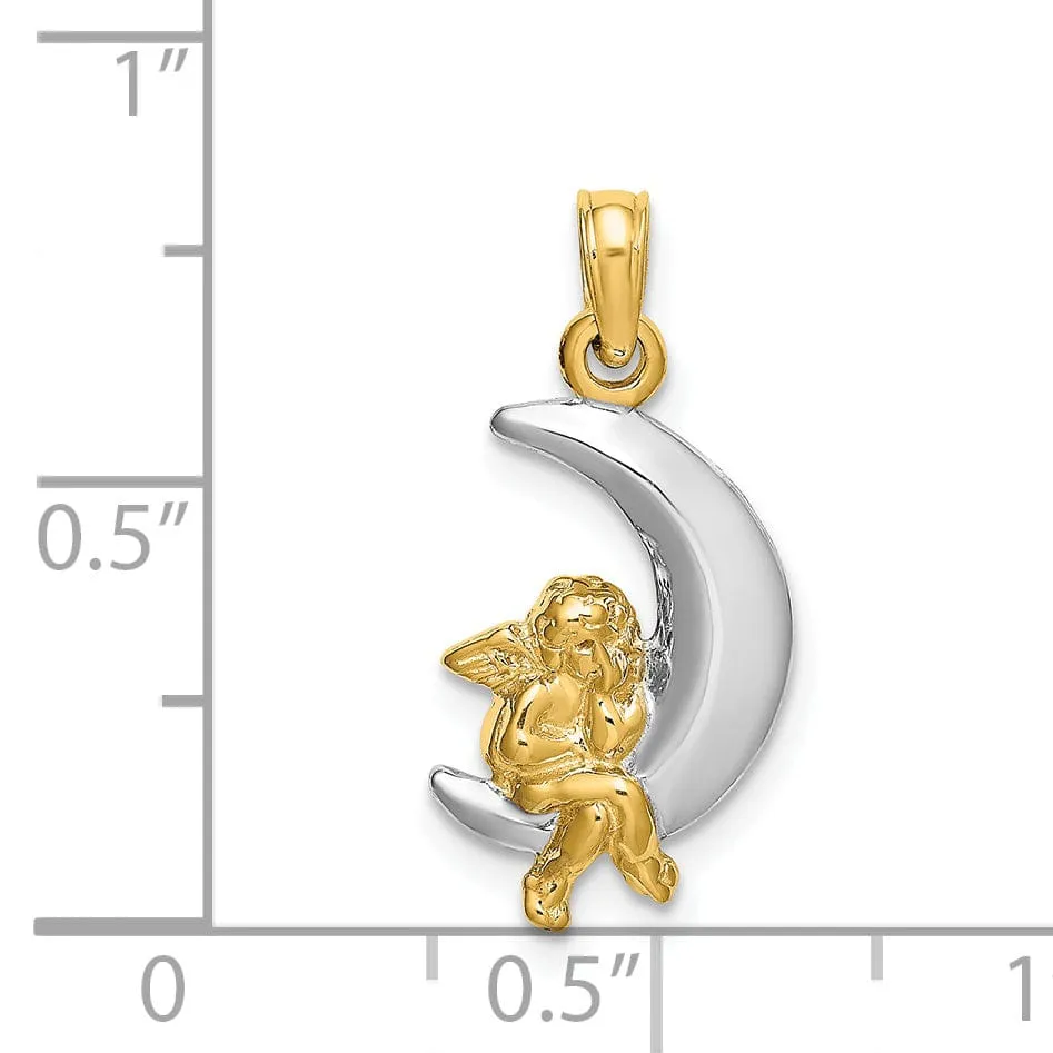 14K Yellow Gold White Rhodium Polished Finish 3-Diamentional Angel Sitting on the Moon Charm Pendant