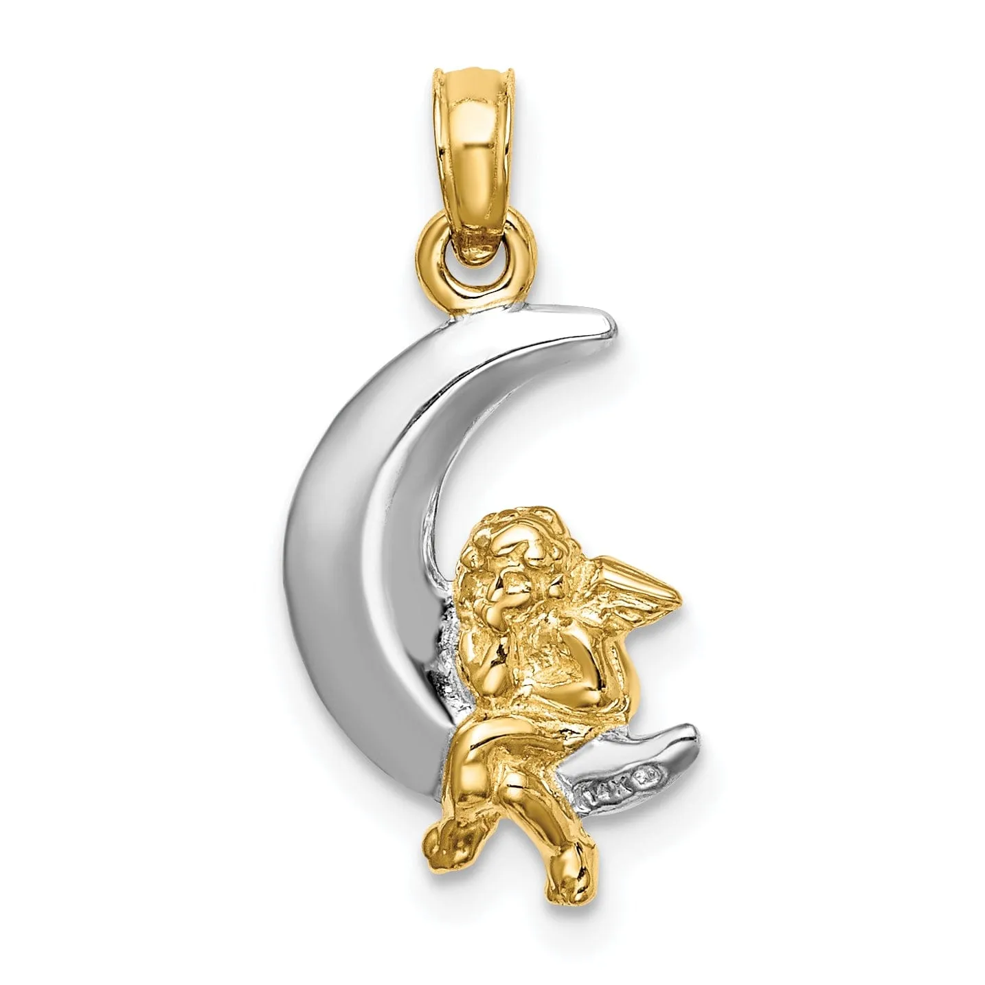 14K Yellow Gold White Rhodium Polished Finish 3-Diamentional Angel Sitting on the Moon Charm Pendant