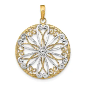 14K Yellow Gold, White Rhodium Polished Finish Filigree Beaded Design Center Circle Pendant