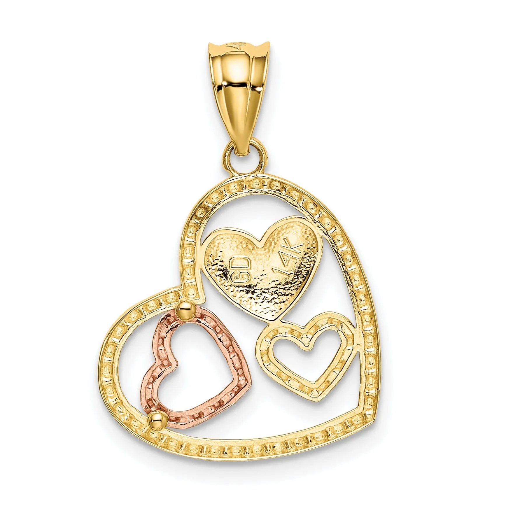 14K Yellow, Rose Gold Rhodium Beaded Polished Finish Concave 3-Hearts Shape Design Pendant