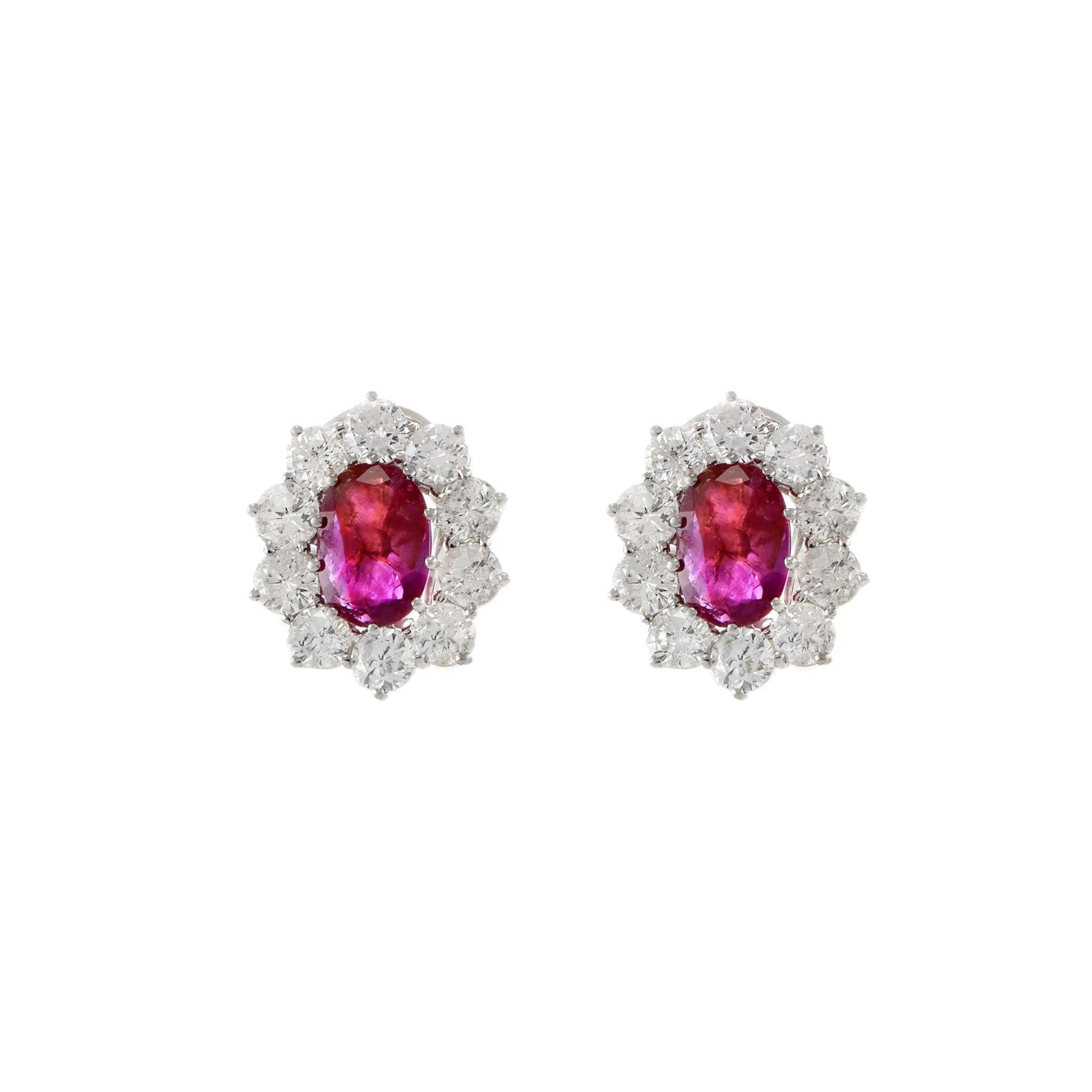 14KT White Gold Oval Burmese Ruby And Diamond Earrings