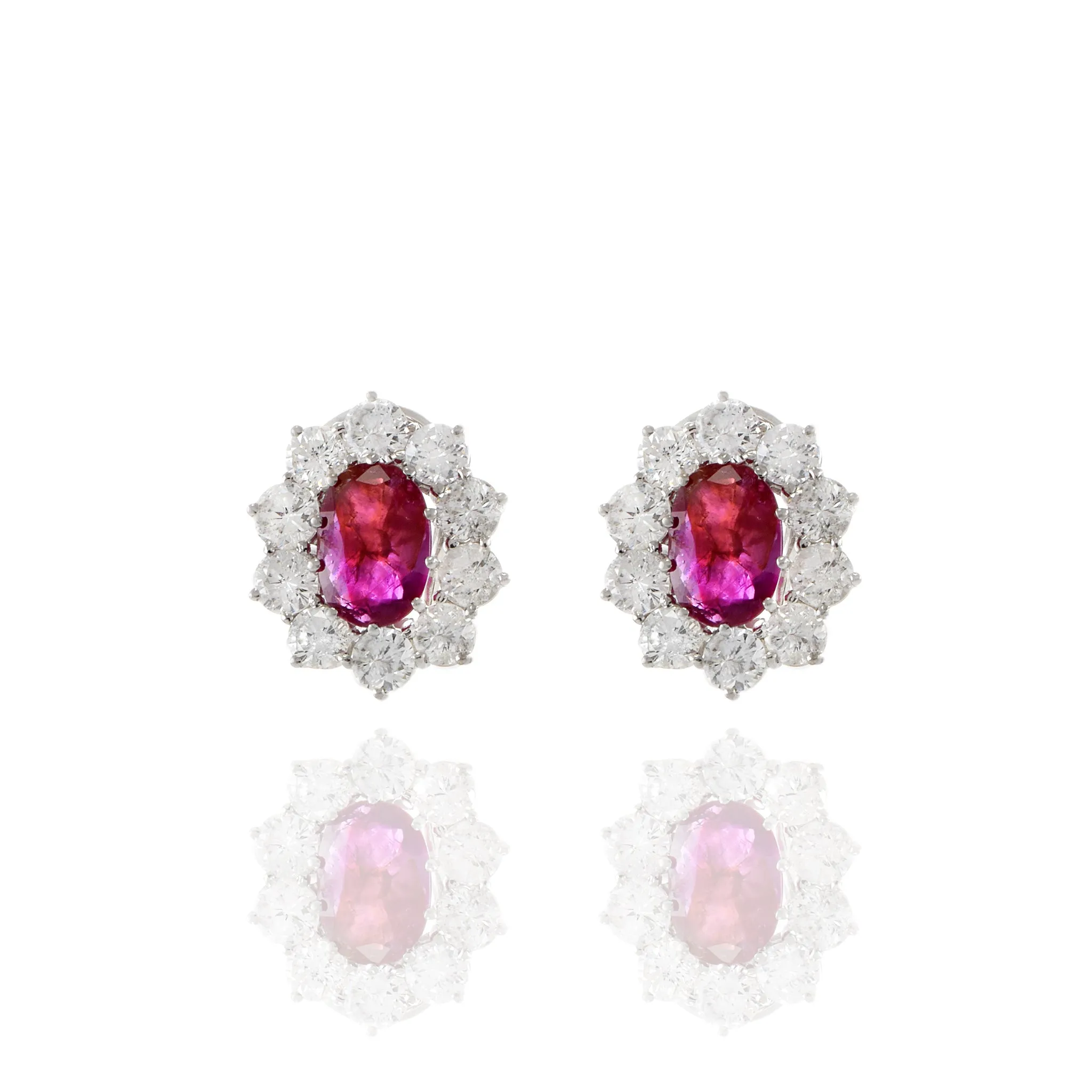 14KT White Gold Oval Burmese Ruby And Diamond Earrings