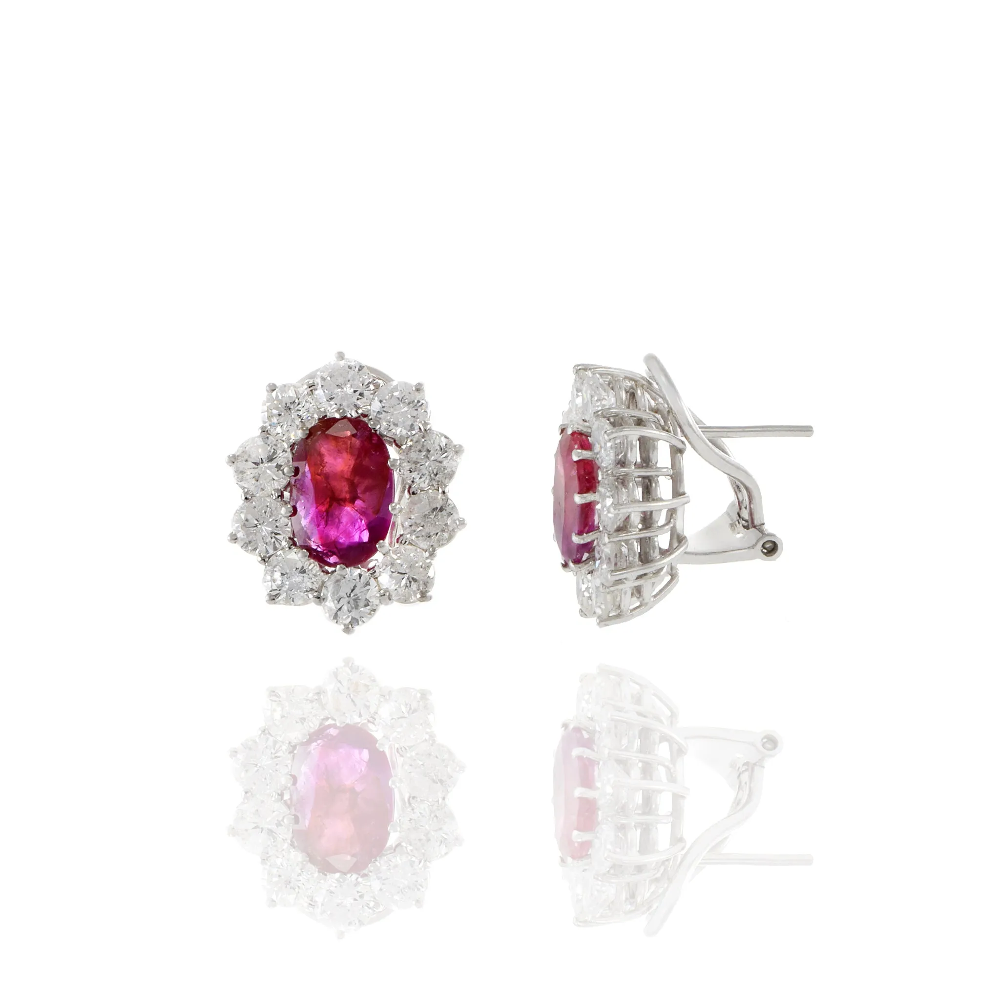 14KT White Gold Oval Burmese Ruby And Diamond Earrings