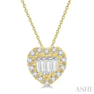 1/5 ctw Heart Shape Baguette Center & Round Cut Diamond Pendant With Chain in 14K Yellow Gold