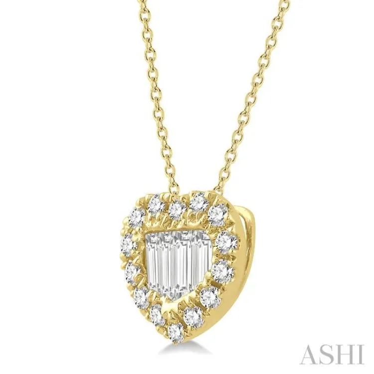 1/5 ctw Heart Shape Baguette Center & Round Cut Diamond Pendant With Chain in 14K Yellow Gold