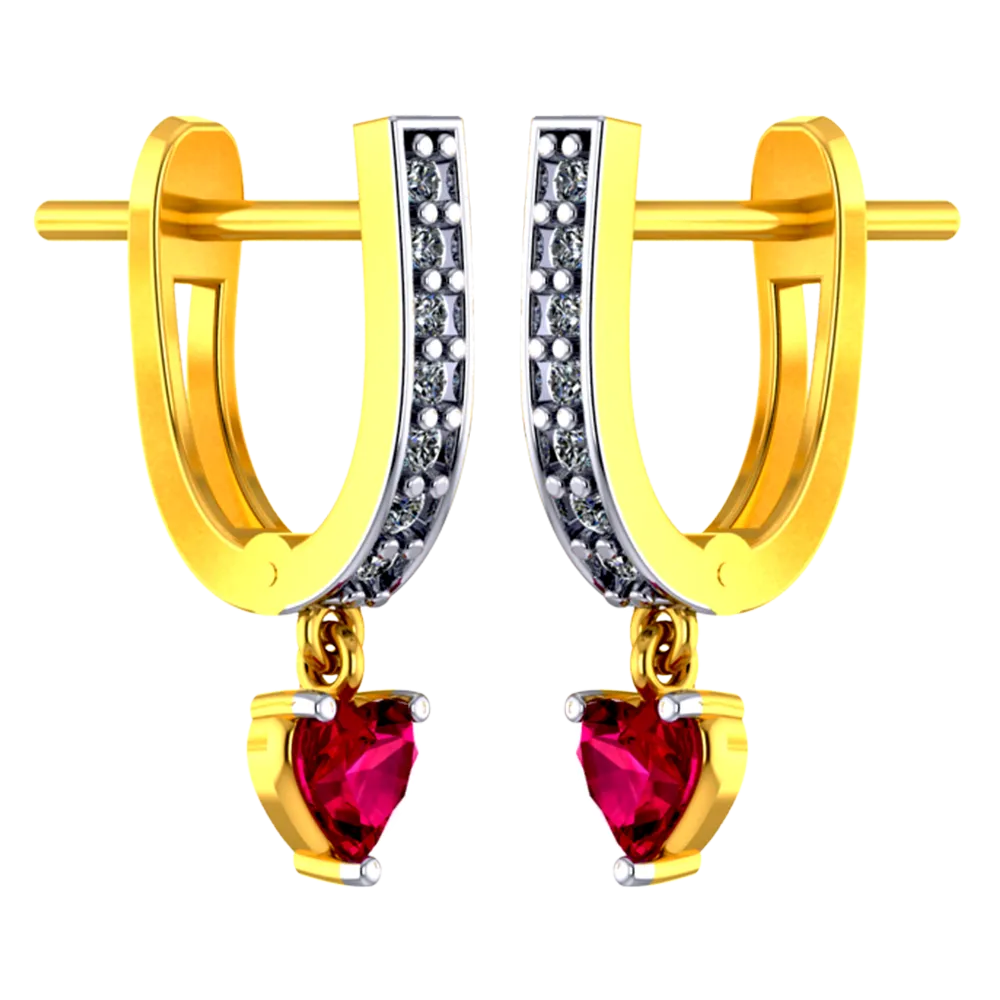 18k U-shaped Diamond Earrings With A Red Heart Stone Hanging