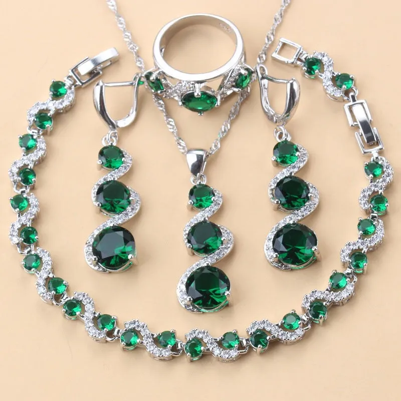 2022 New Arrival 925 Mark Bracelet Necklace Jewelry Sets With Green Stone Long Earrings Wedding Ring For Women Fashion Costume