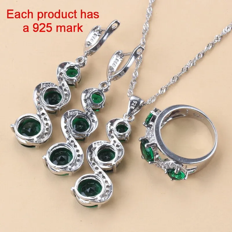 2022 New Arrival 925 Mark Bracelet Necklace Jewelry Sets With Green Stone Long Earrings Wedding Ring For Women Fashion Costume