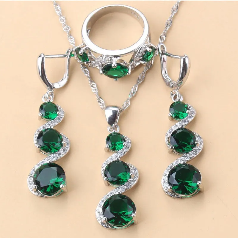 2022 New Arrival 925 Mark Bracelet Necklace Jewelry Sets With Green Stone Long Earrings Wedding Ring For Women Fashion Costume