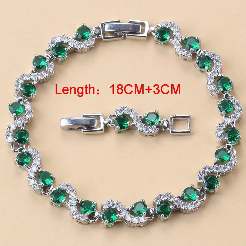 2022 New Arrival 925 Mark Bracelet Necklace Jewelry Sets With Green Stone Long Earrings Wedding Ring For Women Fashion Costume