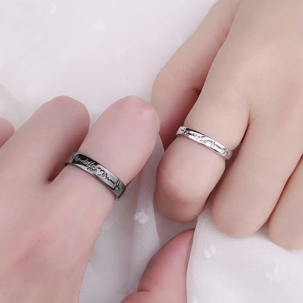 2Pcs/set Romantic Couple Rings for Women Men Punk Heart ECG Black White Forever Love Promise Ring Valentine'S Day Gift Jewelry