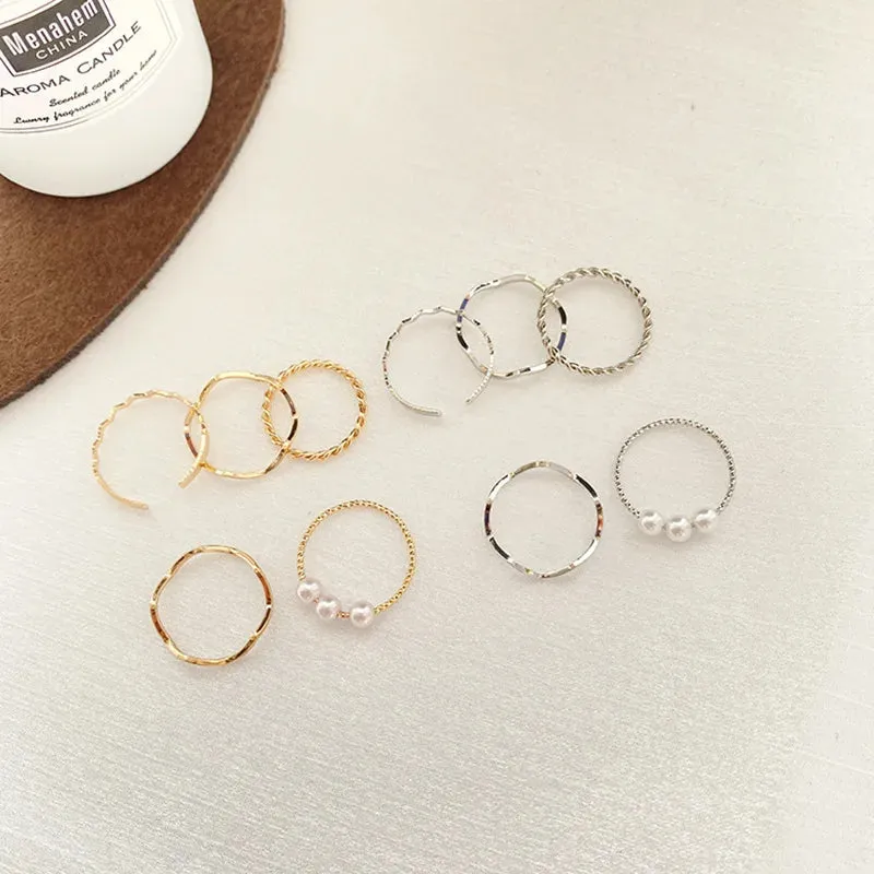 5pcs/set Ring Female Japanese Korean Style Simple Three Pearl Wavy Combination Ring Personality Ring Net Red Tail Ring Jewelry