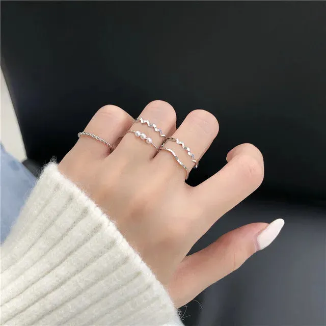 5pcs/set Ring Female Japanese Korean Style Simple Three Pearl Wavy Combination Ring Personality Ring Net Red Tail Ring Jewelry