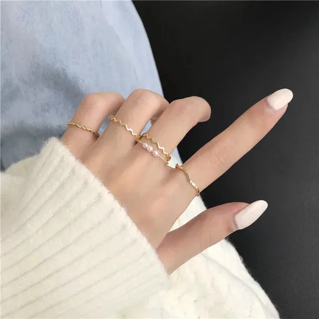 5pcs/set Ring Female Japanese Korean Style Simple Three Pearl Wavy Combination Ring Personality Ring Net Red Tail Ring Jewelry