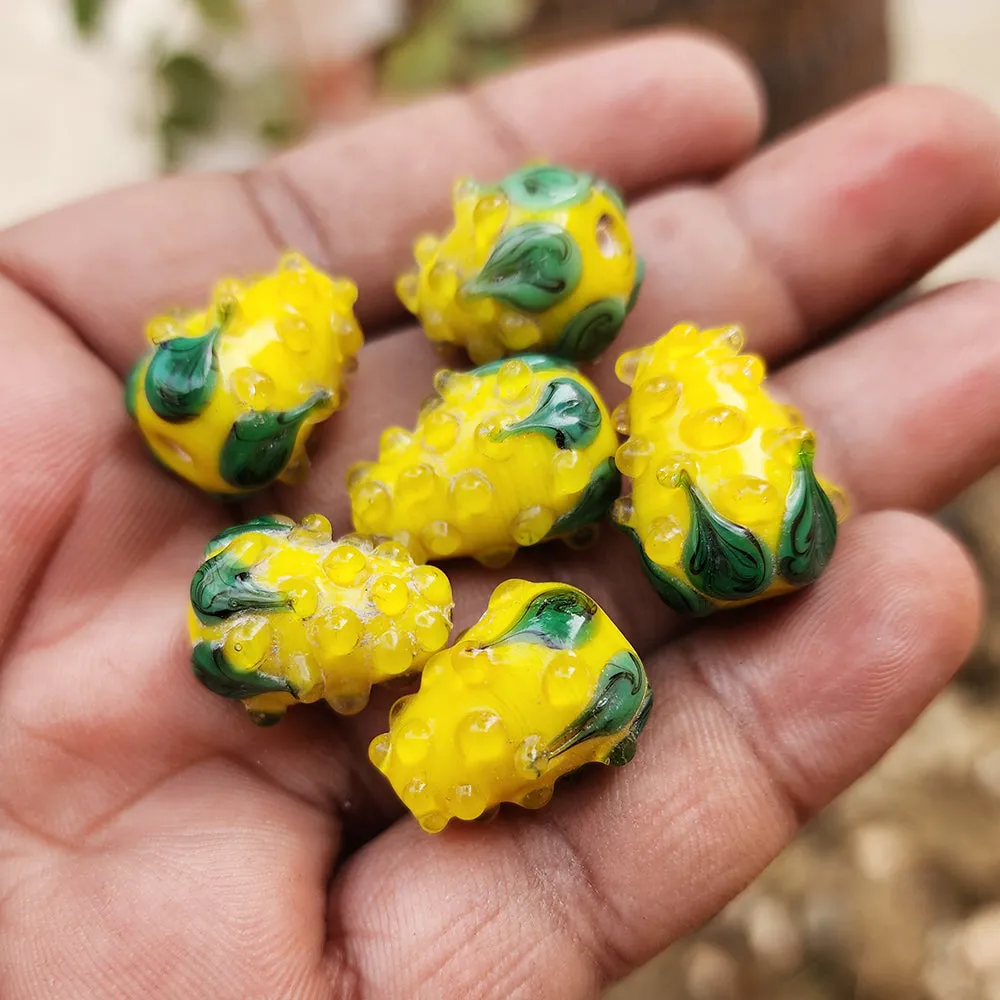 6 PCS PKG. Haldi YELLOW, STRAWBERRY BEADS HANDMADE LAMPWORK GLASS BEADS