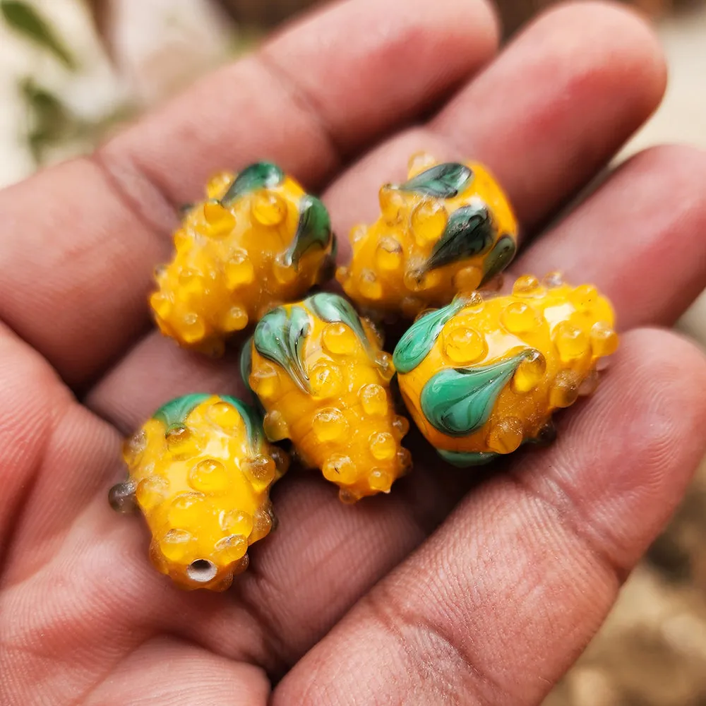 6 PCS PKG. Haldi YELLOW, STRAWBERRY BEADS HANDMADE LAMPWORK GLASS BEADS