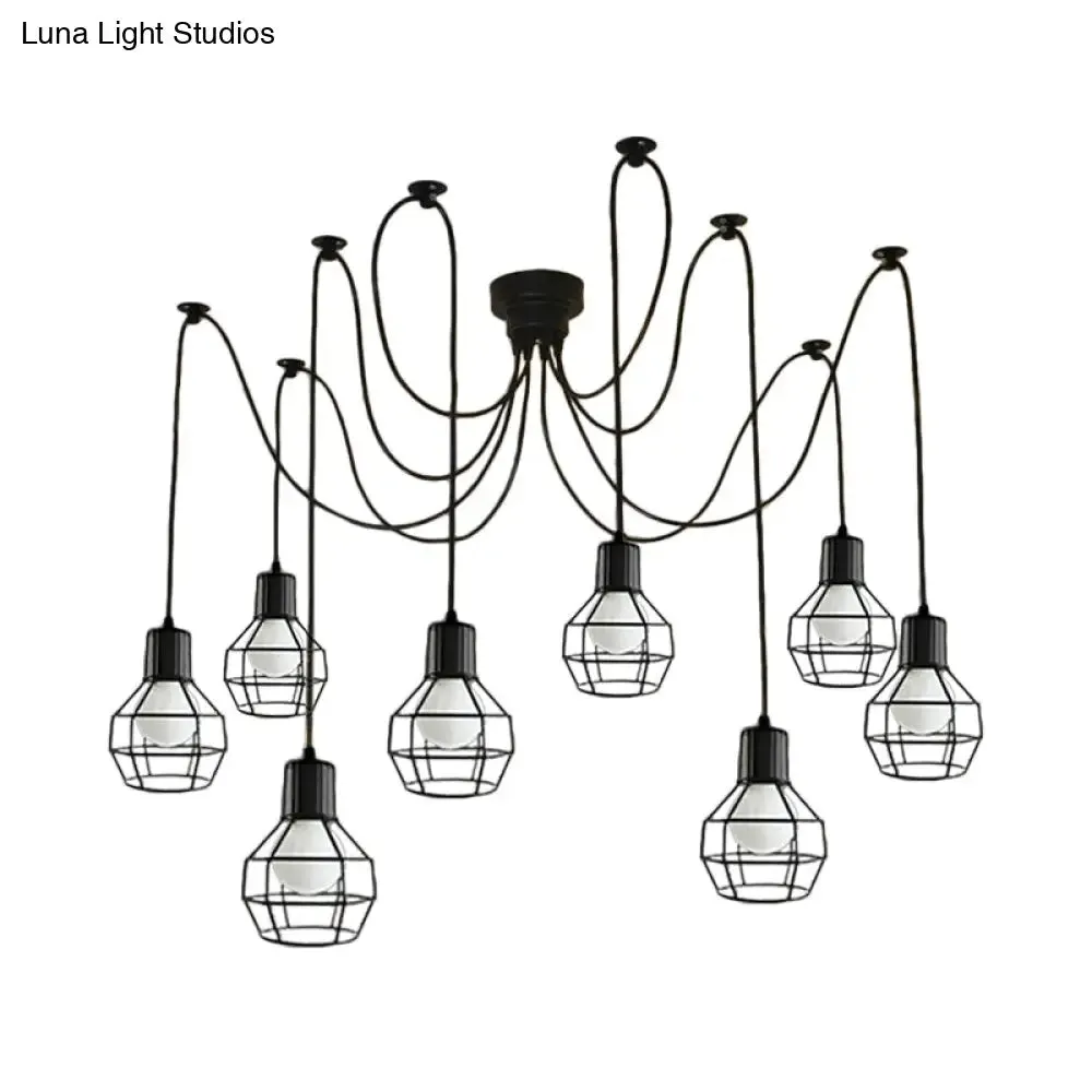 8-Head Black Iron Industrial Pendant Light with Ball Cage Swag Design for Living Room