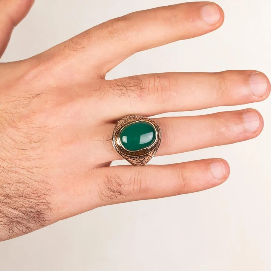 925 Sterling Silver Ornamented Men's Ring with Green Agate Stone for Men Exclusive Male Ring