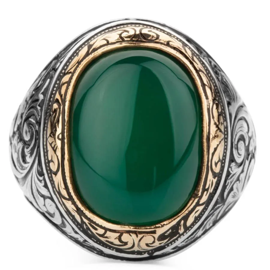 925 Sterling Silver Ornamented Men's Ring with Green Agate Stone for Men Exclusive Male Ring