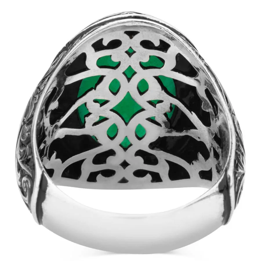 925 Sterling Silver Ornamented Men's Ring with Green Agate Stone for Men Exclusive Male Ring