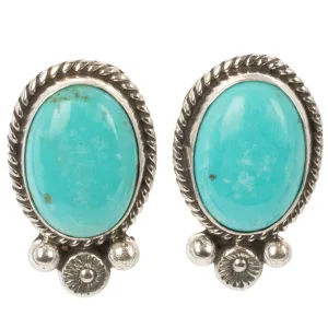 Abellene Bah Navajo Kingman Turquoise Oval USA Native American Made 925 Sterling Silver Earrings with Stud Backing