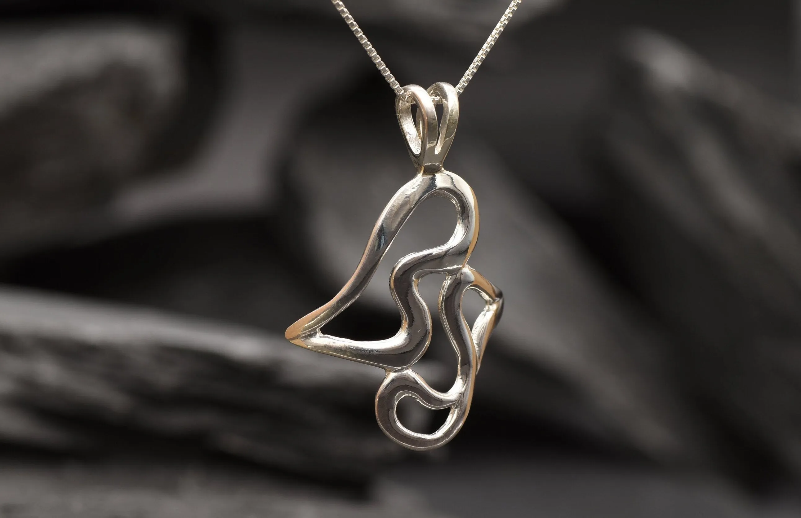 Abstract Heart Necklace - Long Silver Pendant - Artistic Love Pendant