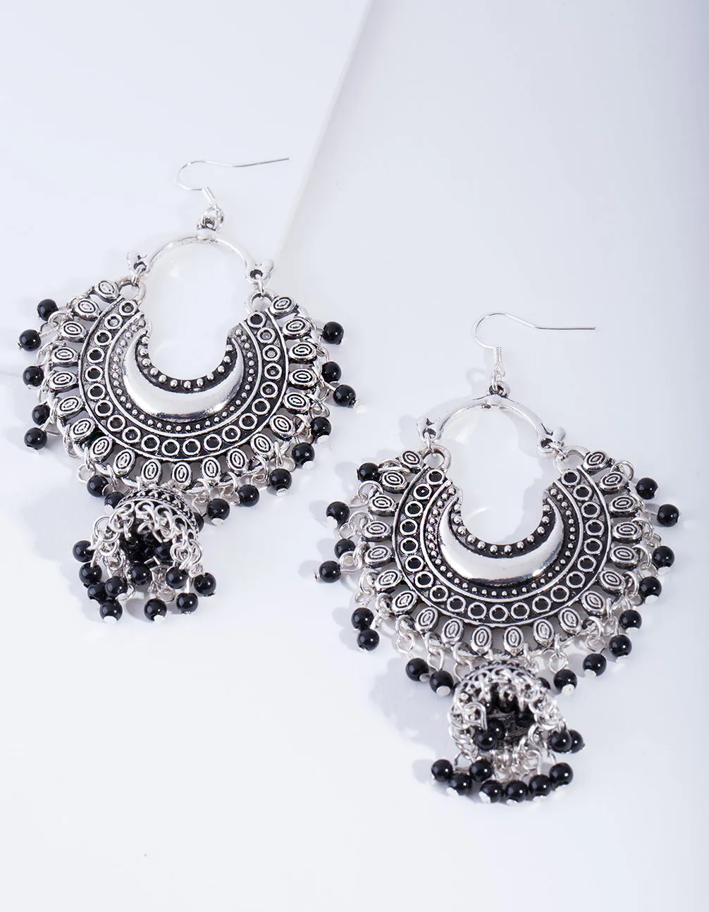 Antique Silver Black Beaded Drop Jhumka Earrings