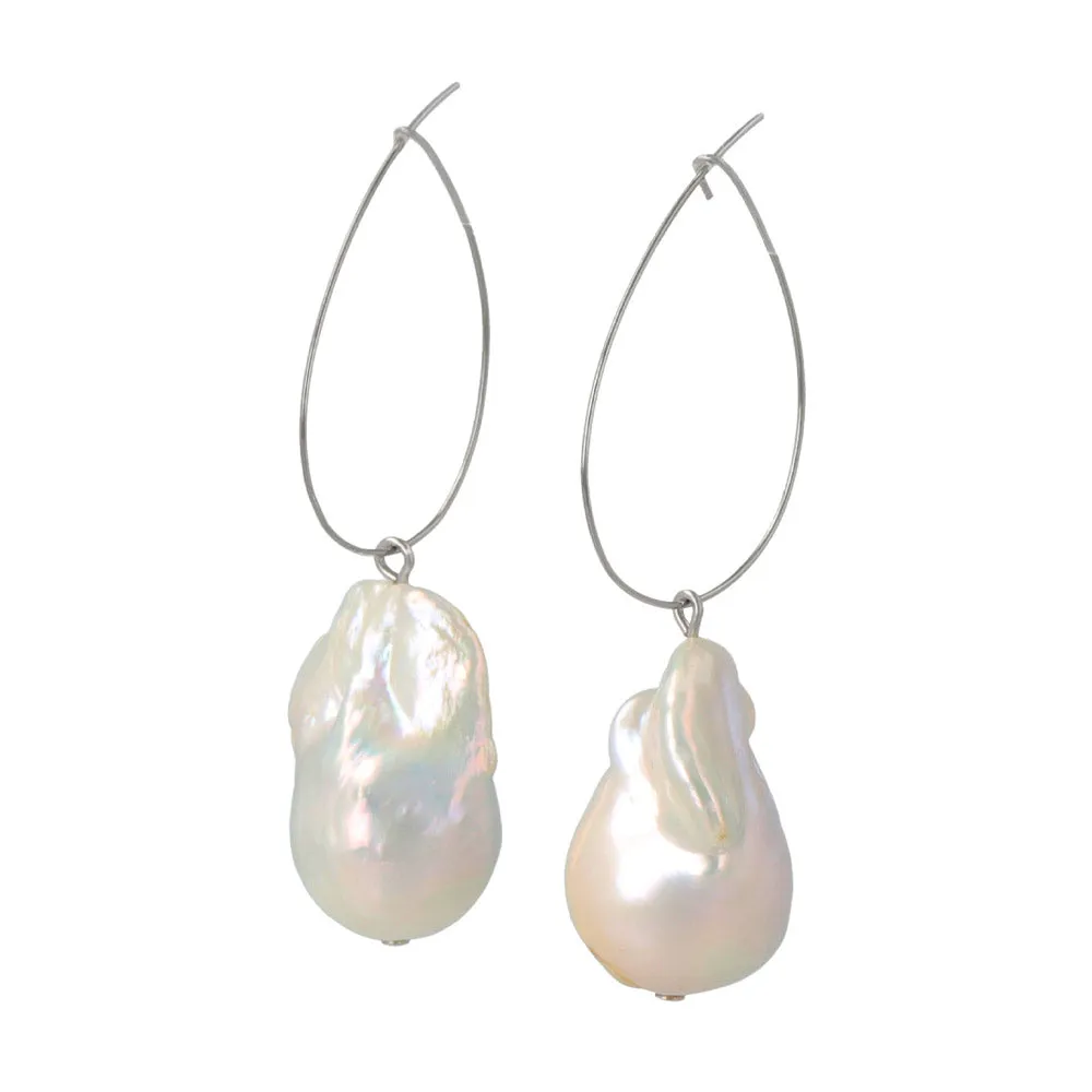 Baroque Pearl Silver Tone Hoop Earrings