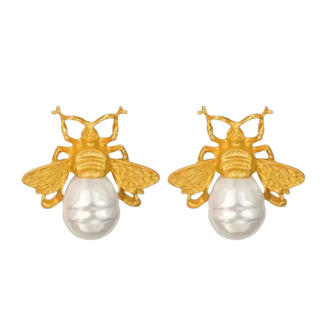 Bee Stud Faux Pearl Earrings